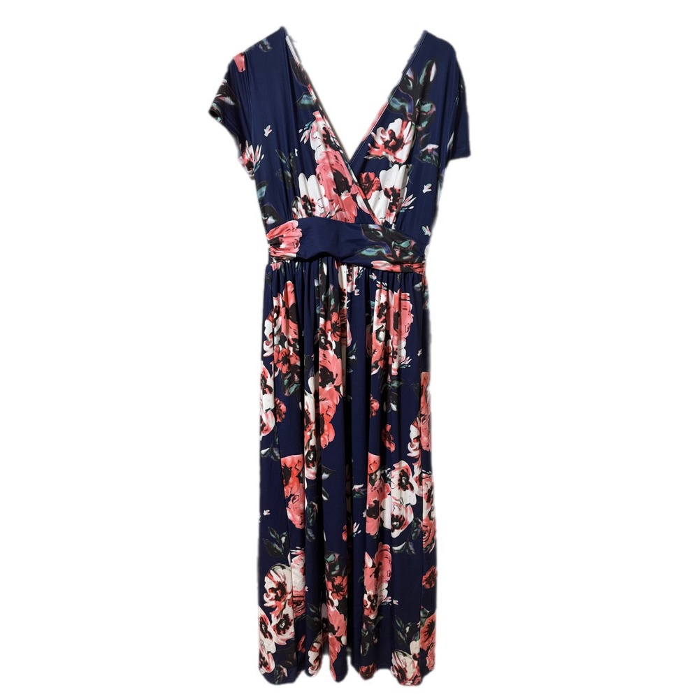 OUGES Floral Maxi Dress Women Size M Navy Blue Excellent V-Neck Short Sleeve